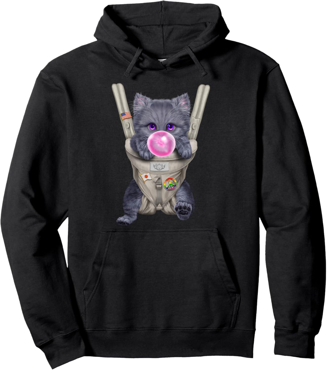 Russische blaue Katze mit Kaugummi in der Babytrage Pullover Hoodie