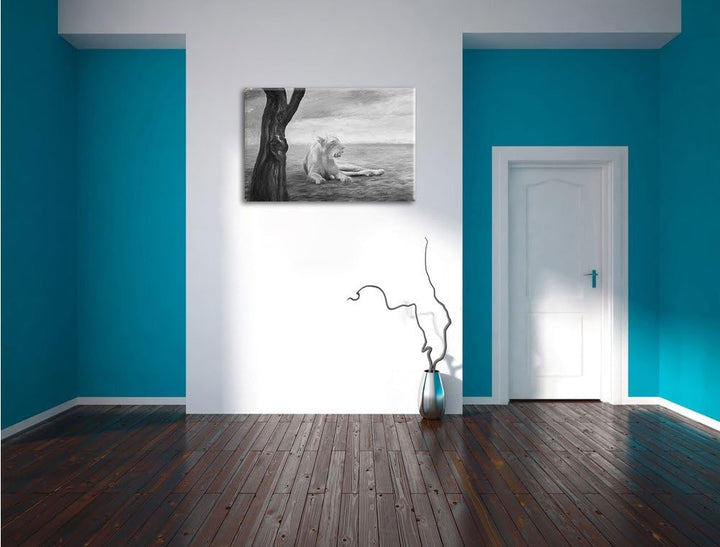 Pixxprint Löwin Ruhe Savanne Kunst als Leinwandbild/Grösse: 100x70 cm/Wandbild/Kunstdruck/fertig bes