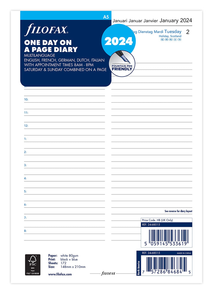 Filofax A5 Tag pro Seite 5 Sprachen Terminplaner – 2024