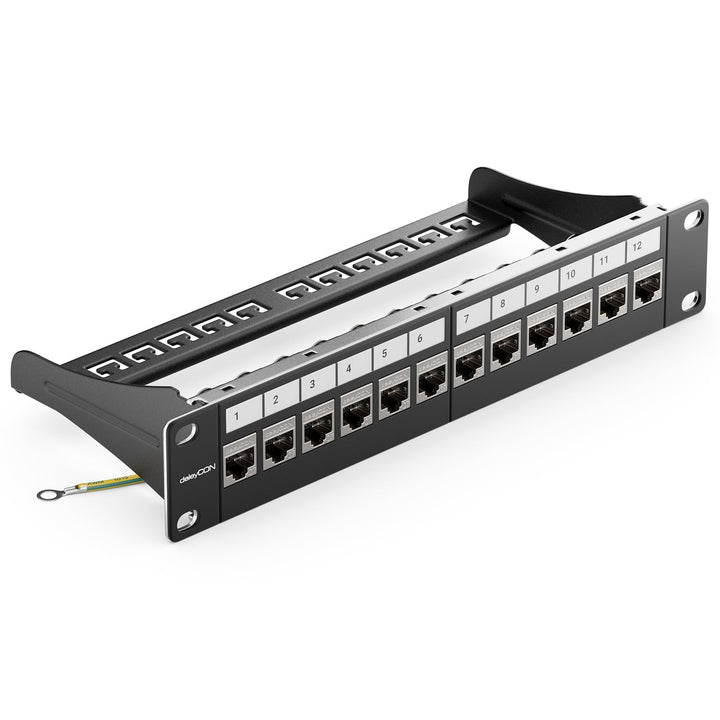 deleyCON 12 Port CAT7 Patchpanel SET Patchfeld Verteilerfeld Modular 1 HE 10" Zoll Rackeinbau + 12x