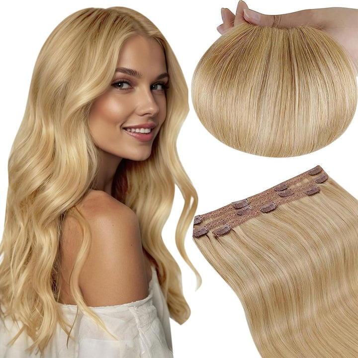 RUNATURE Remy Clip Extensions Echthaar Highlighted Blond 35cm Clip Echthaar Haarverlängerung Unsicht