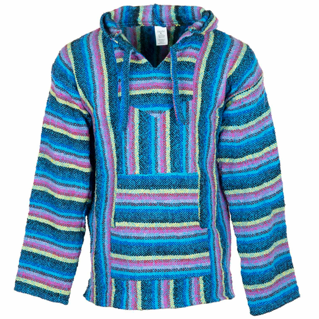 Siesta Baja Hoodie – Mexikanischer Jerga Hippie Pulli Kapuzenpullover für Herren und Damen M Buntes