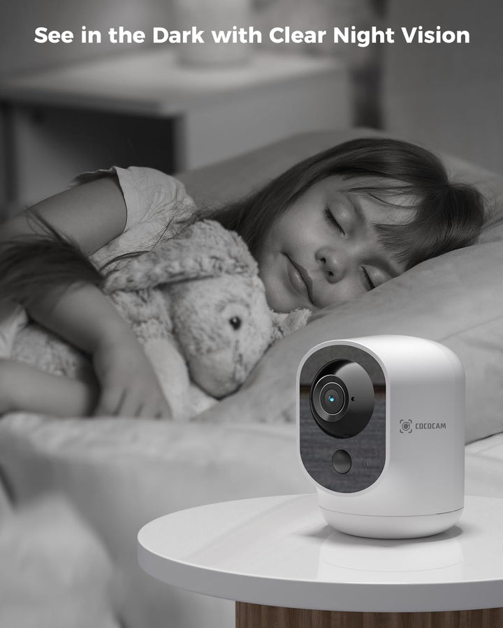 COCOCAM 2K Überwachungskamera Innen WLAN mit 5200mAh Akku, kabelloser 355°P 90°T, Baby Monitor Haust