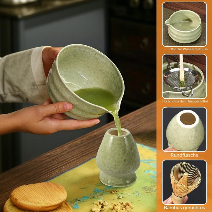 Matcha Set Grün,Macha Tea Set mit MatchaSchale Löffel Sieb Whisk Besen und Matcha Besen Halter,Cerem