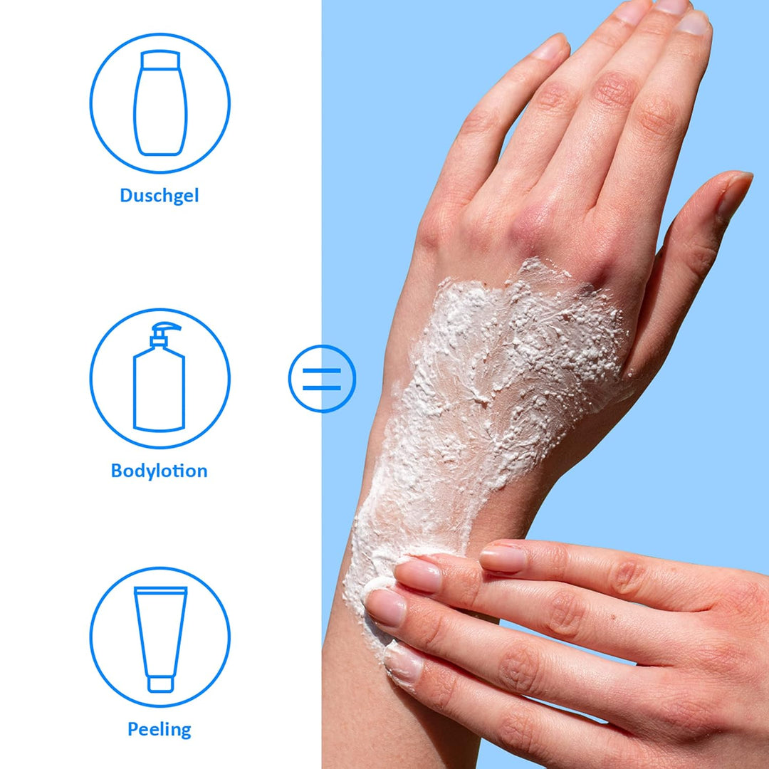 puremetics 3in1 Dusch-Fluff Cotton mit Zuckerpeeling, 250g Duschgel, Peeling und Lotion in Einem, ve