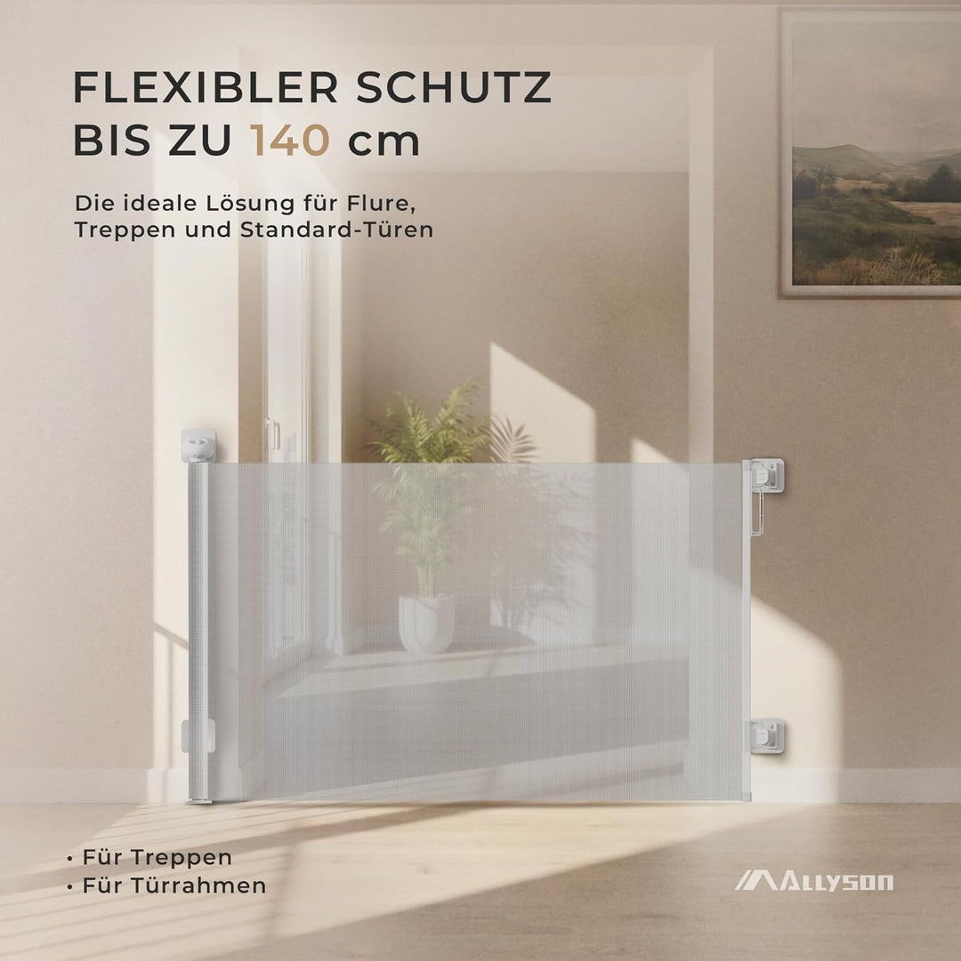 Allyson Treppenschutzgitter ausziehbar bis 140 cm, 86 cm hoch, Baby- und Haustier-Schutzgitter, Gerä