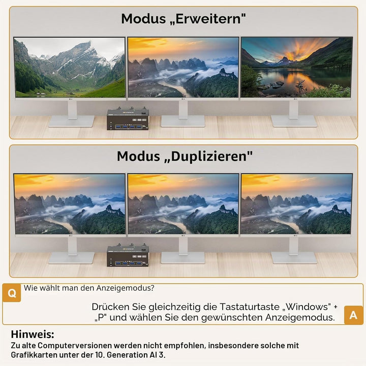 KVM Switch 2 PC 3 Monitore, KCEVE 2 HDMI + 1 DisplayPort KVM Umschalter, USB 3.0 8K@30Hz/4k@144Hz Dr