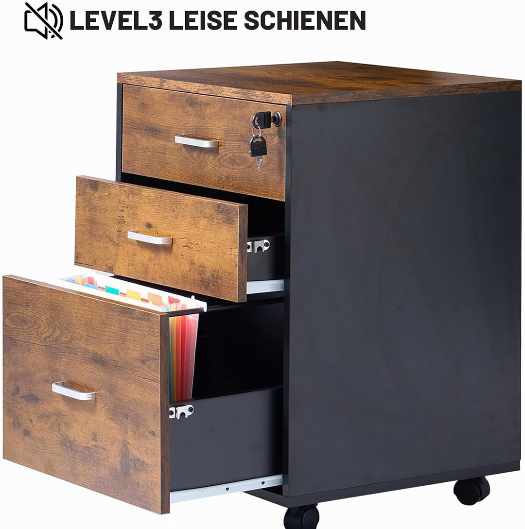 SogesPower Rollcontainer mit 3 Schubladen, abschliessbarer Aktenschrank mit Rollen, Büroschrank für