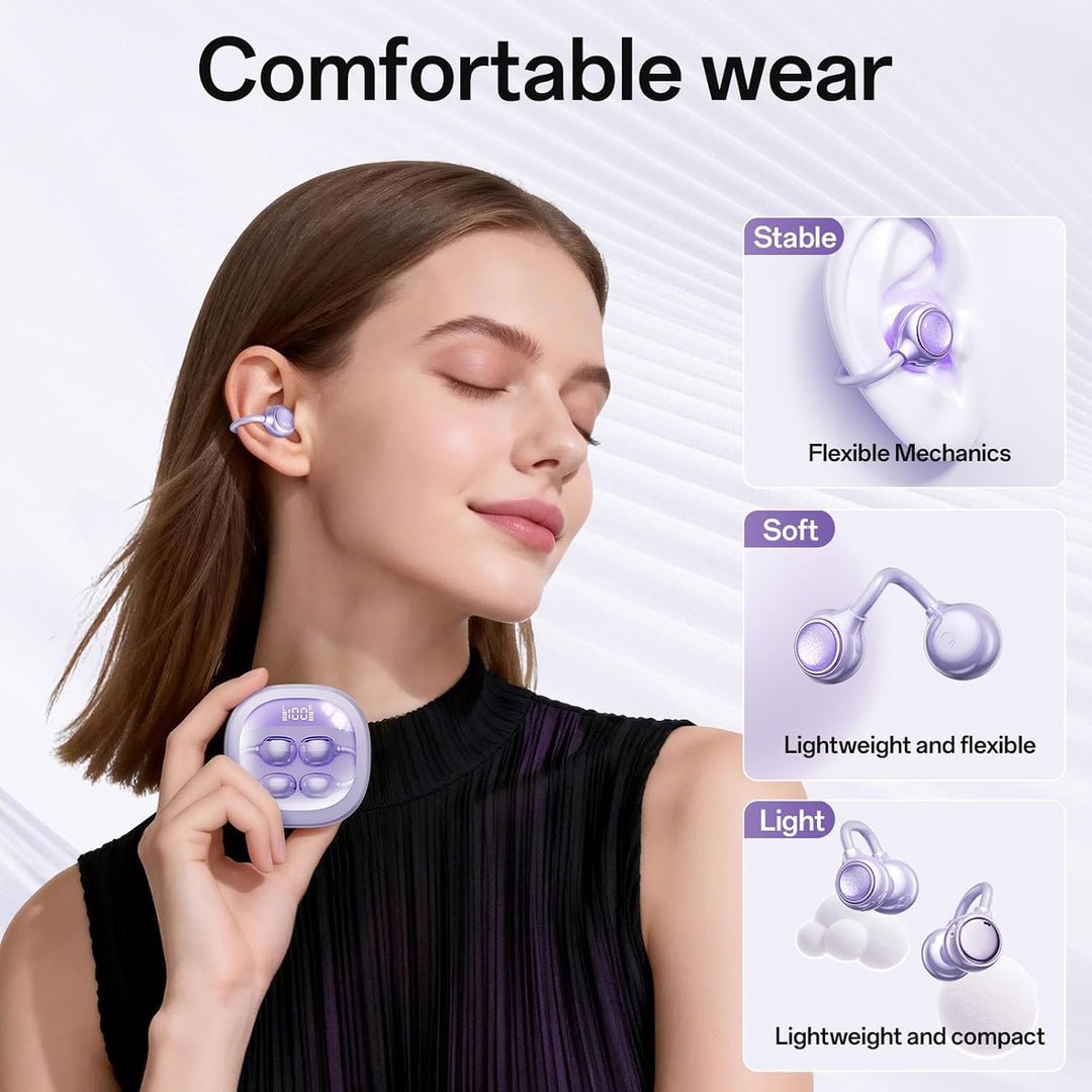 Open Ear Kopfhörer BT 6.0 Sport Clip On Kopfhörer mit Power Display | Kabellos Clip Ohrhörer Leichtg
