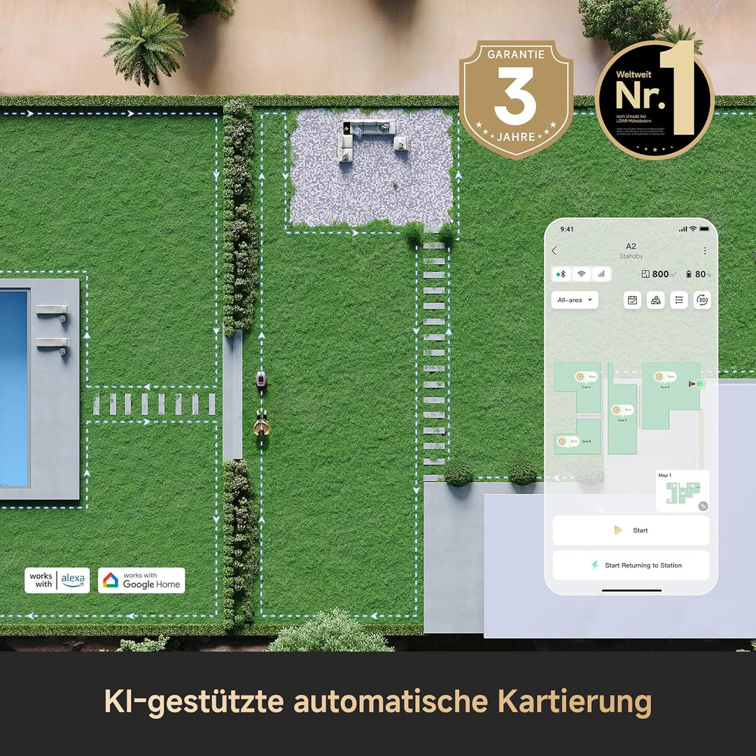 DREAME A2 1200 Mähroboter – kabellos ohne RTK, für Flächen bis zu 1200 m², mit 360° 3D-LiDAR & KI-Vi
