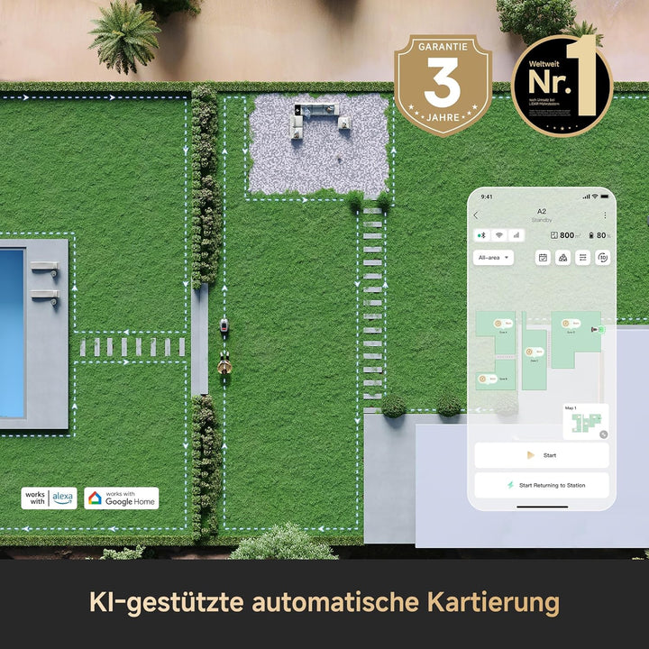 DREAME Mähroboter A2 ohne Begrenzungskabel, 360° 3D LiDAR + AI Vision, Auto-Begrenzungseinrichtung,3