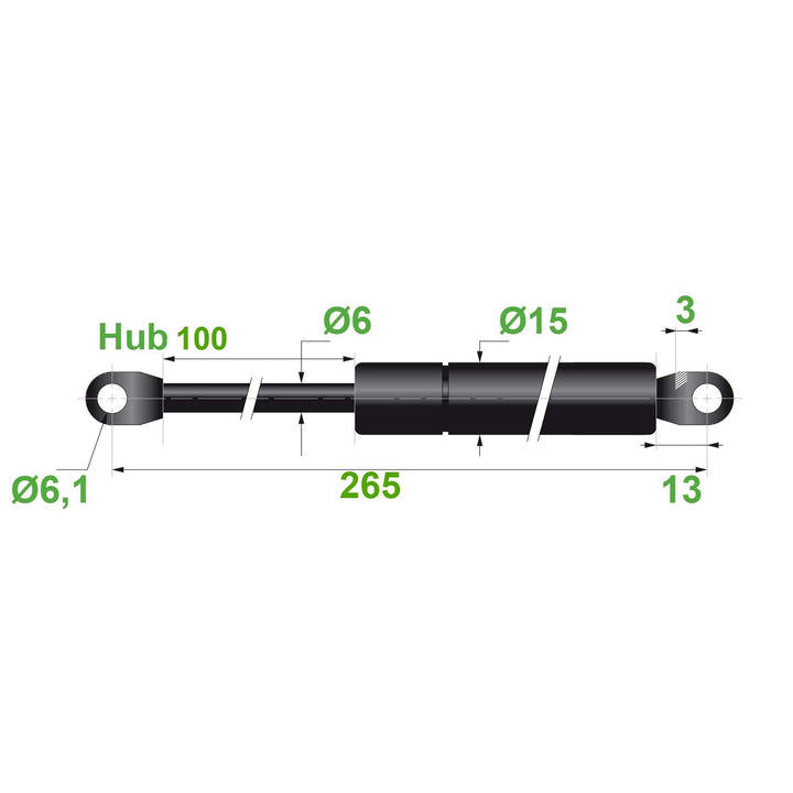 Trupa Gasfeder 6/15 6,1 Hub=100 L=265 mm 150N (0278) - Schwarz - Vorderachse - Federbeinheber - Meta