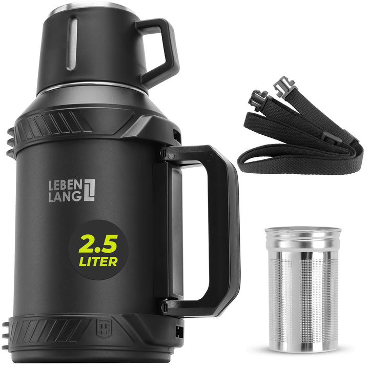LEBENLANG Thermosflasche 2,5 Liter - 24h Heiss Inkl. Becher, Teesieb, Tragegurt I Trinkflasche Therm