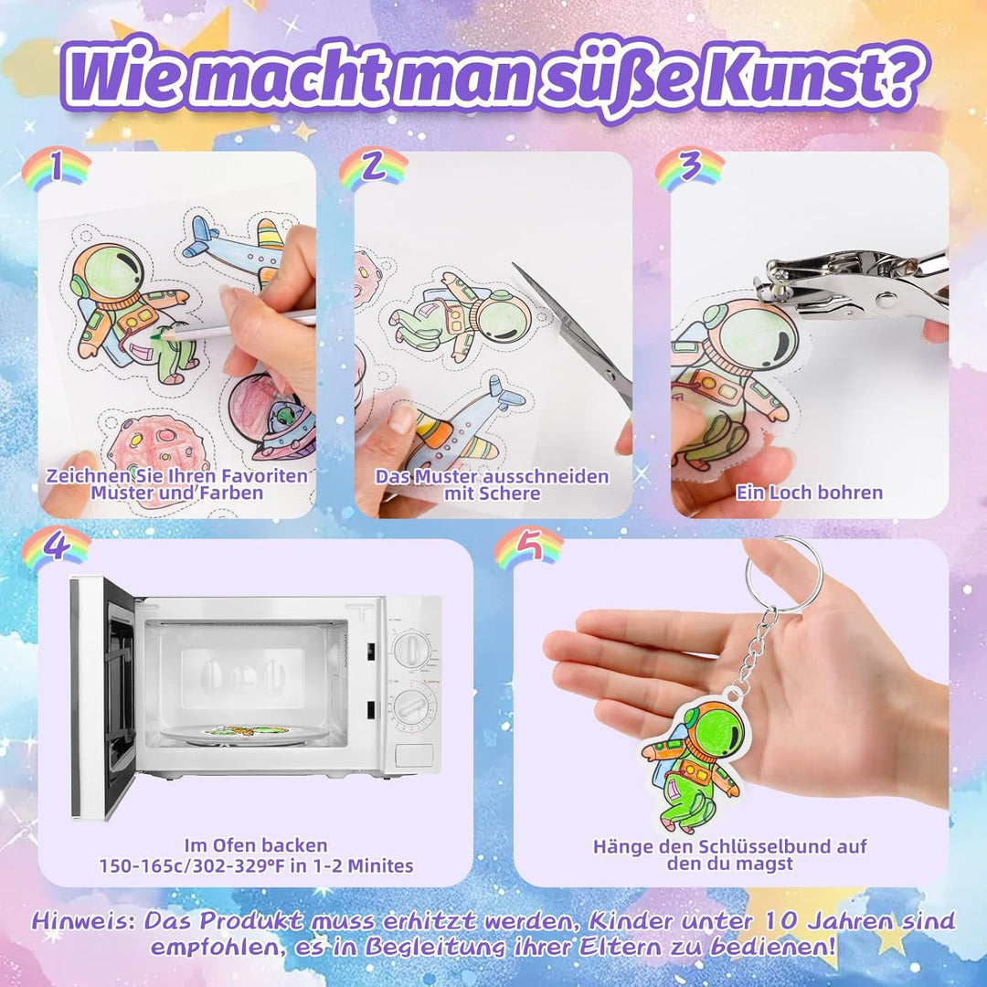 Gushu 208 Stück Schrumpffolie Set zum Schlüsselanhänger set, Bastelset 30 A5 Schrumpffolie,165 Schlü