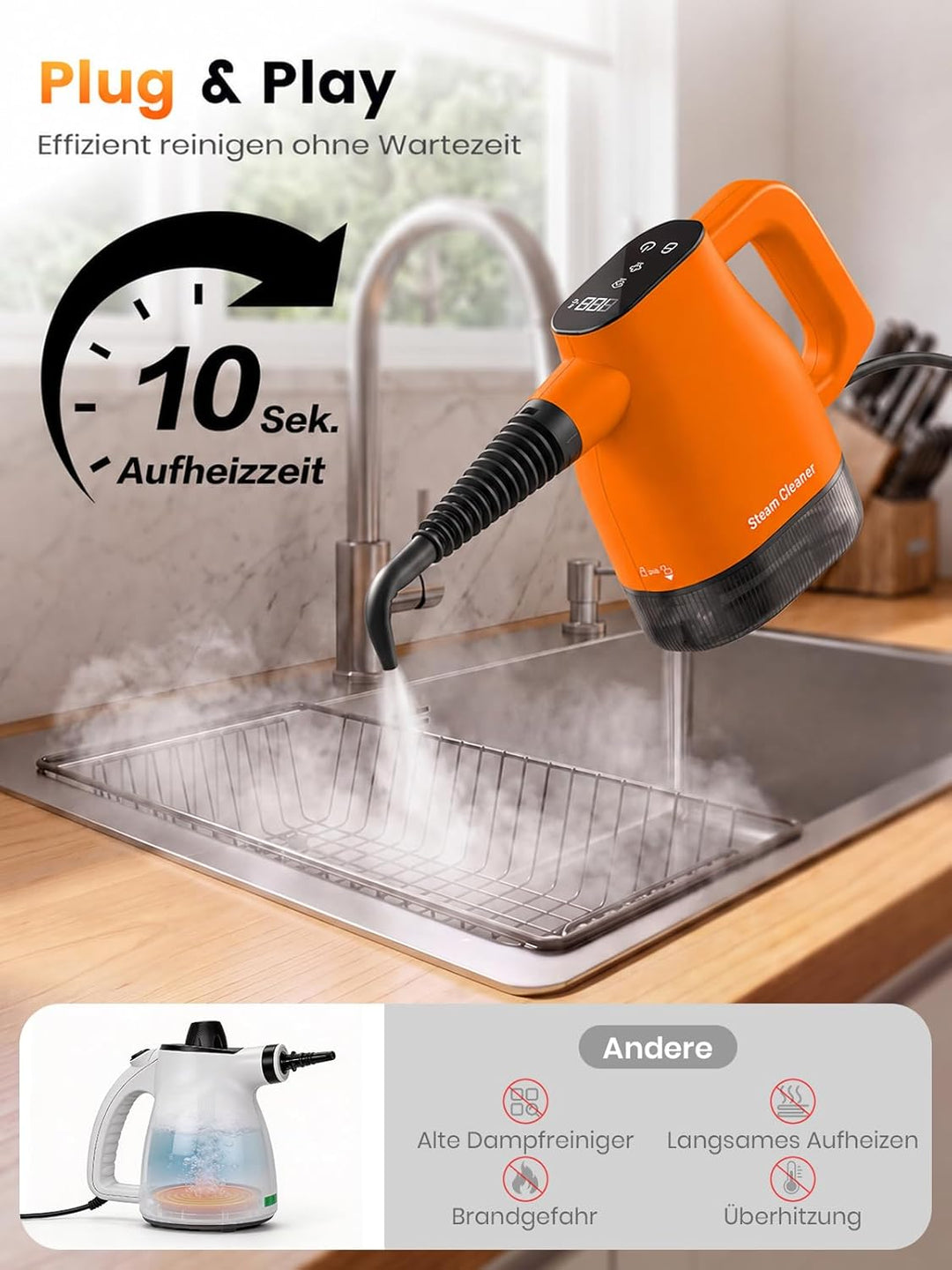 Handdampfreiniger mit Smart-Touchscreen, 10 Sek. Aufheizzeit, 400 ml Wassertank, 4 m Netzkabel, 2 Da