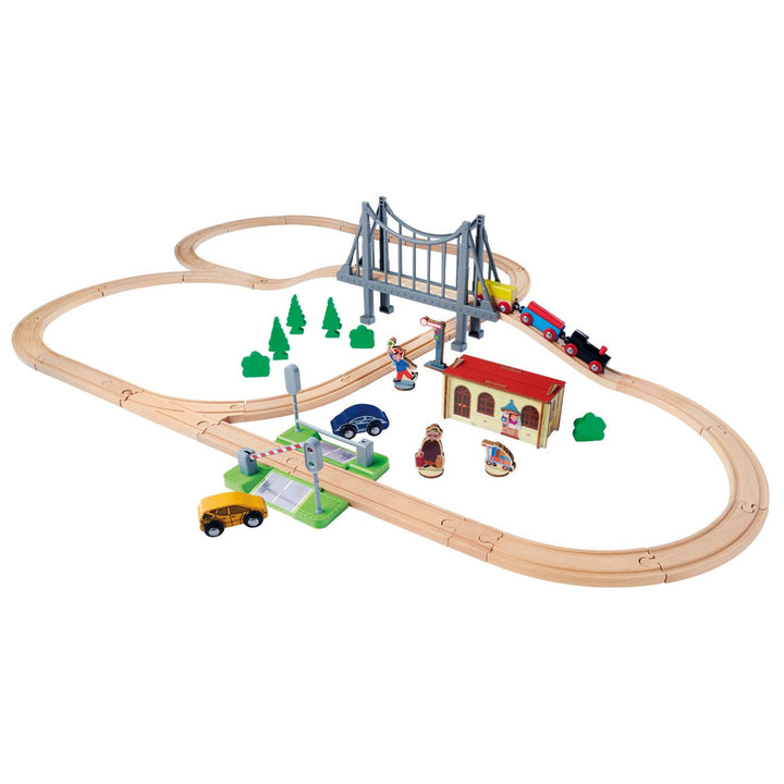 Eichhorn Schienenbahn 100006204 Bahnset mit Brücke, 55 teilig, 500 cm Strckenlänge, FSC zertifiziert