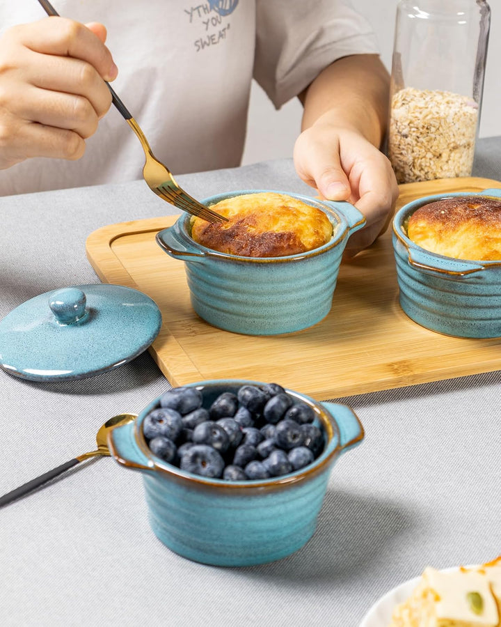 HENXFEN LEAD Mini Cocottes aus Steinzeug, 230ml Auflaufförmchen Souffle Förmchen mit Deckel, 4er-Set