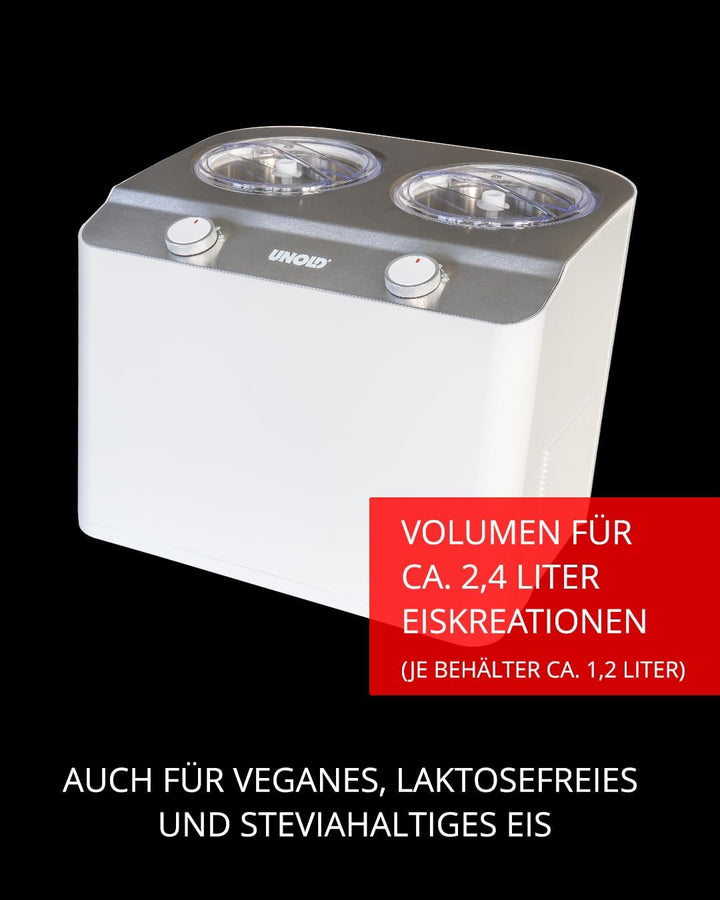 Unold 48830 Doppio Bianco Eismaschine, Speiseeisbereiter mit Kompressor inkl. 2 Eisbehälter (je 1,2