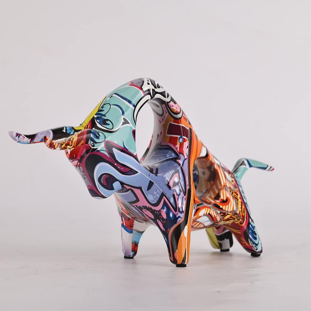 Graffiti-Bullen-Statue aus Kunstharz, Vollfarbige Stierfigur, Originalität, abstrakte Stier-Skulptur