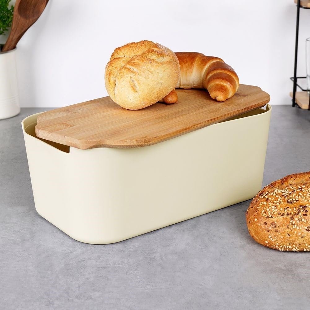 Vilde Brotkasten mit Bambusdeckel - Hochwertige Brotbox Cremefarben 33x18,5x12cm - Brotaufbewahrung