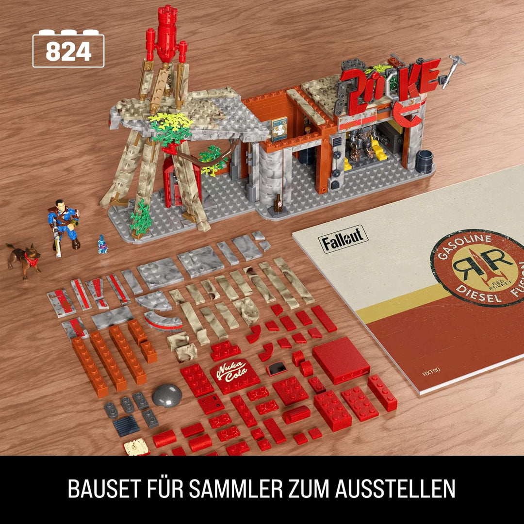 MEGA Fallout Actionfiguren Bauspielzeuge, Red-Rocket-Raststätte mit 824 Teilen, 2 beweglichen Charak