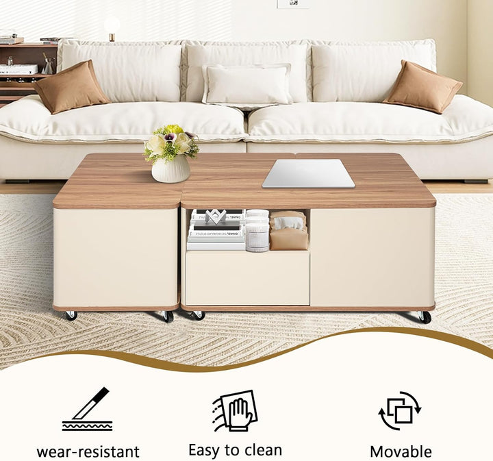Couchtisch mit Rollen, Wohnzimmertisch Holz mit 2 Schublade, Modulare Ausgefallene Couchtische, Kaff