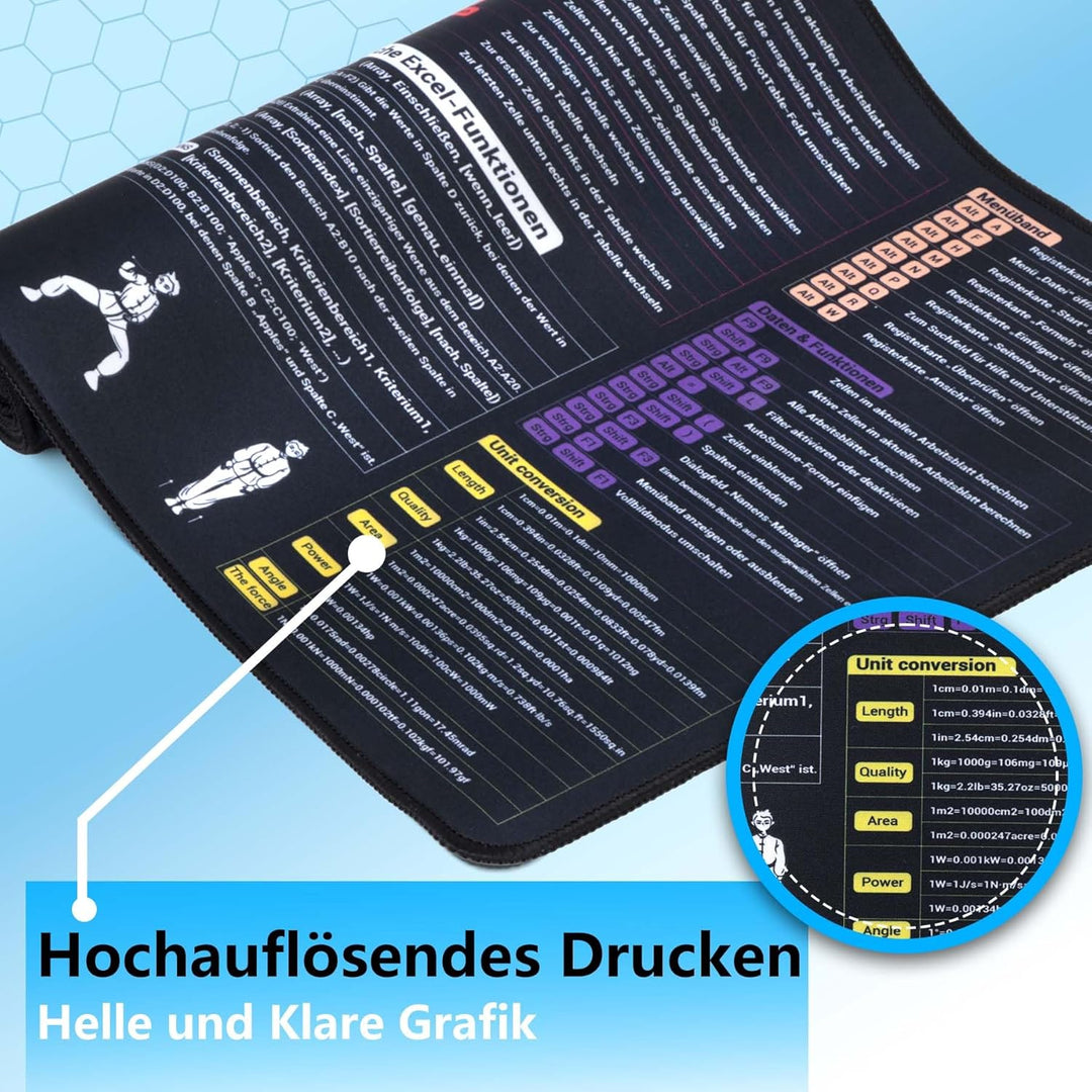 DAWNTREES Excel Mauspad Deutsch,Tastenkombinationen,120X60cm,Gross Gaming Mouse Pad XXL, Schreibtisc