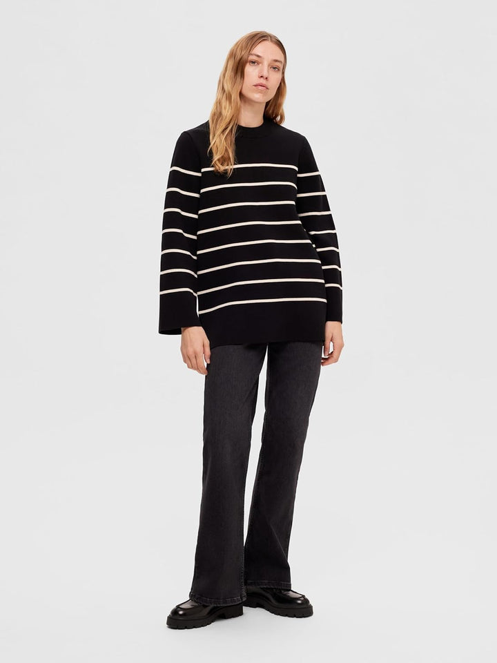Selected Femme Female Strickpullover Oversize S Black/Stripes:birch, S Black/Stripes:birch