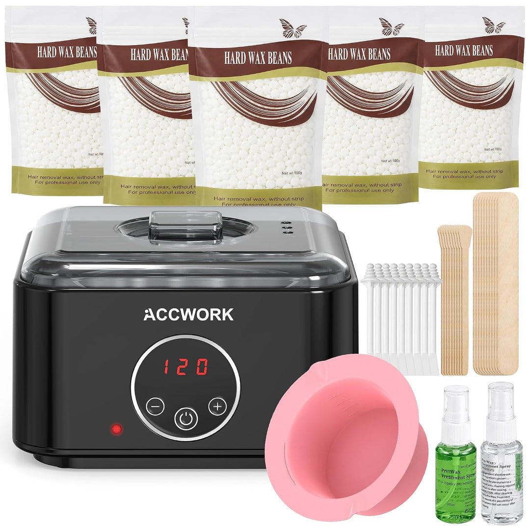 ACCWORK Waxing Set Haarentfernungs-Wachsset mit Wachswärmer, 500 g Wachsperlen, Silikon- und Alumini