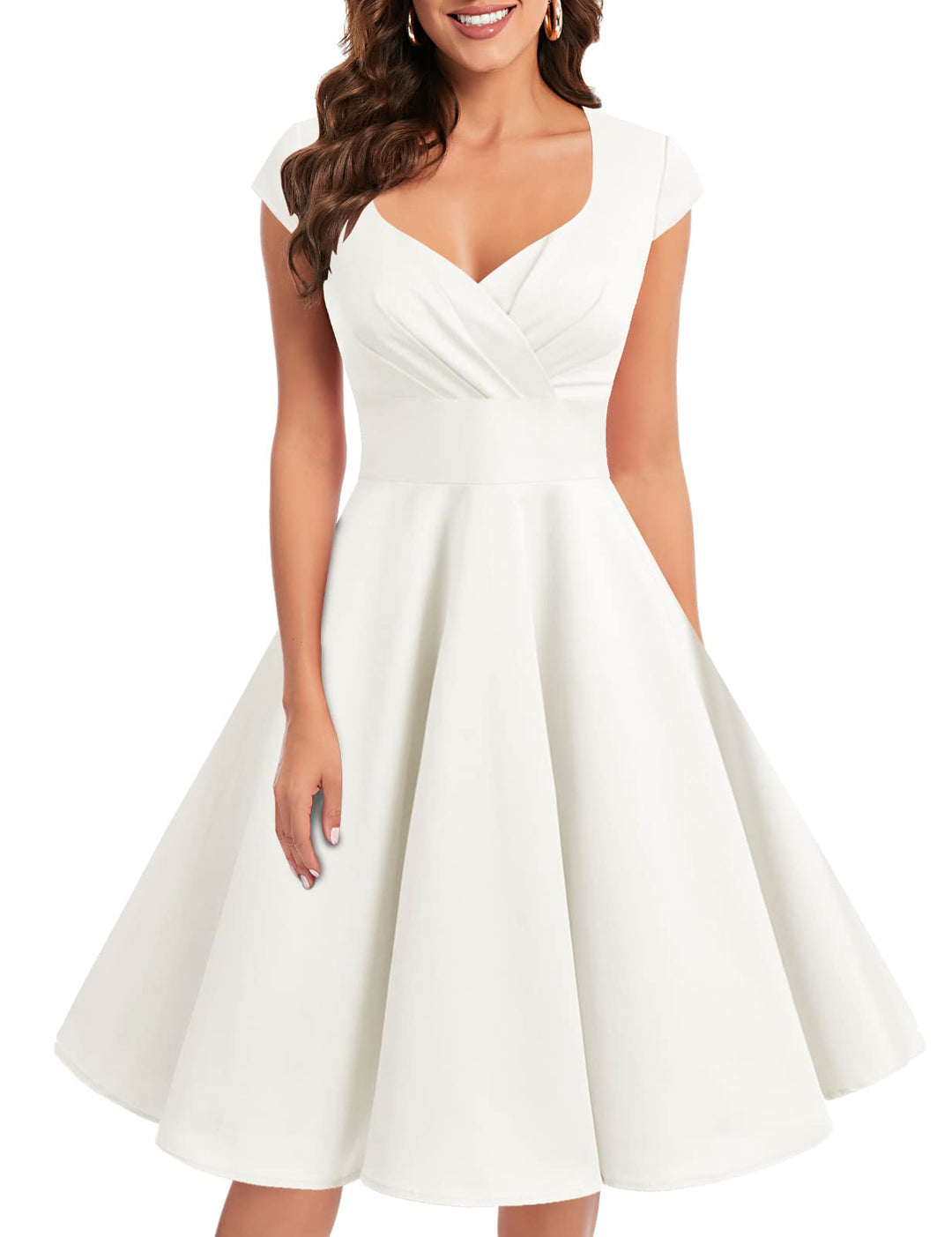 Bbonlinedress 1950er Vintage Retro Cocktailkleid Rockabilly V-Ausschnitt Faltenrock XL White (Creme)