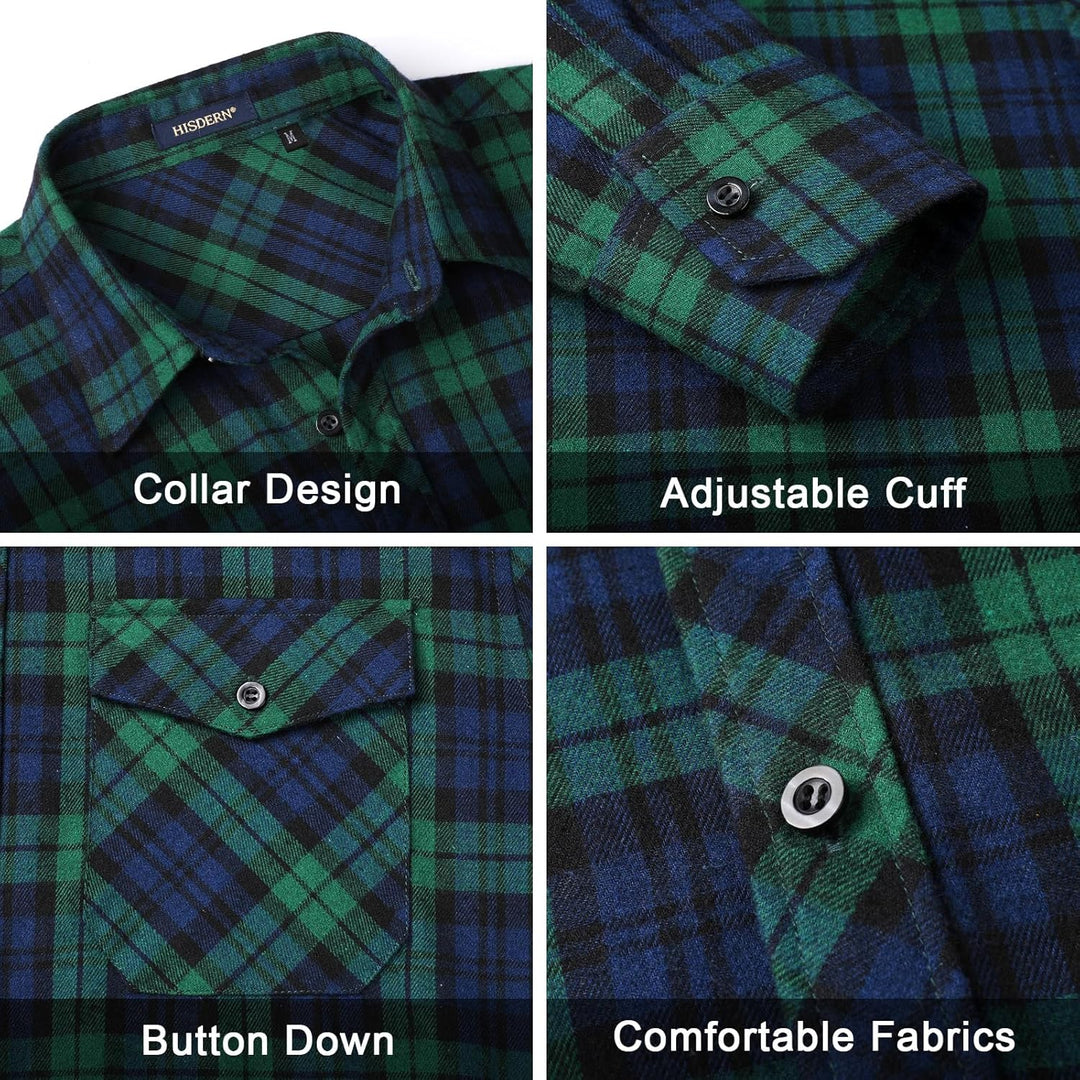HISDERN Flanellhemd Herren Karierte Hemden Herren Langarm Button Down Baumwolle Holzfällerhemd Regul