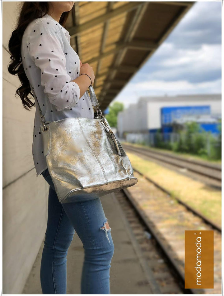 modamoda de - T185 - ital. Damen Schultertasche aus Leder Telegrau, Telegrau