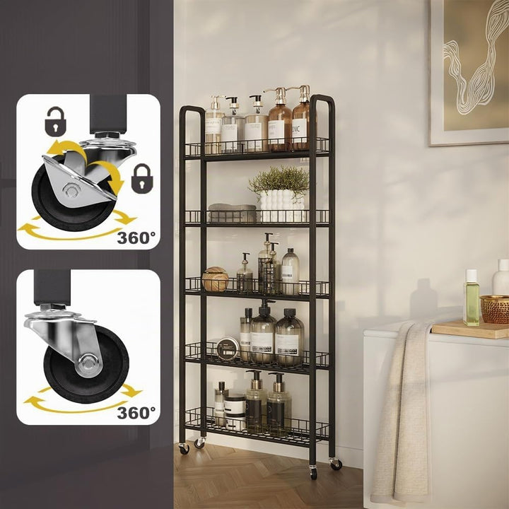 Vicco Rollregal Rolivo, Schwarz, 58 x 15 cm mit 5 Fächern, auf Rollen flexibel positionierbar für sc