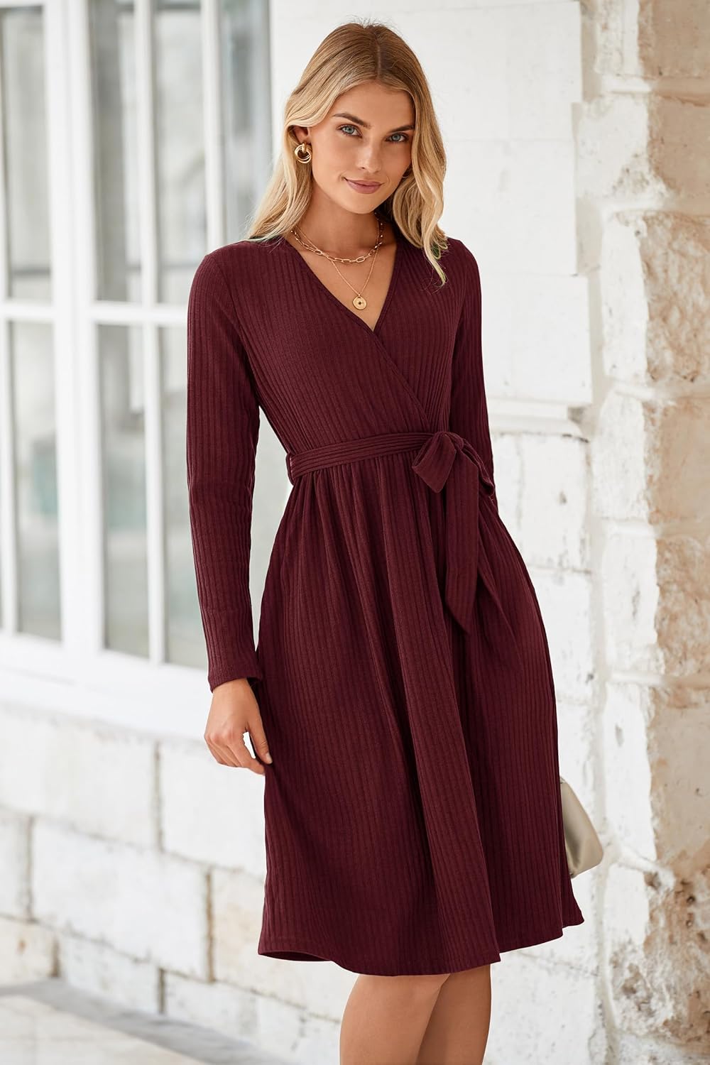Newshows Strickkleid Damen Herbstkleid V Ausschnitt Pulloverkleid Winterkleid Kleid mit Taschen für