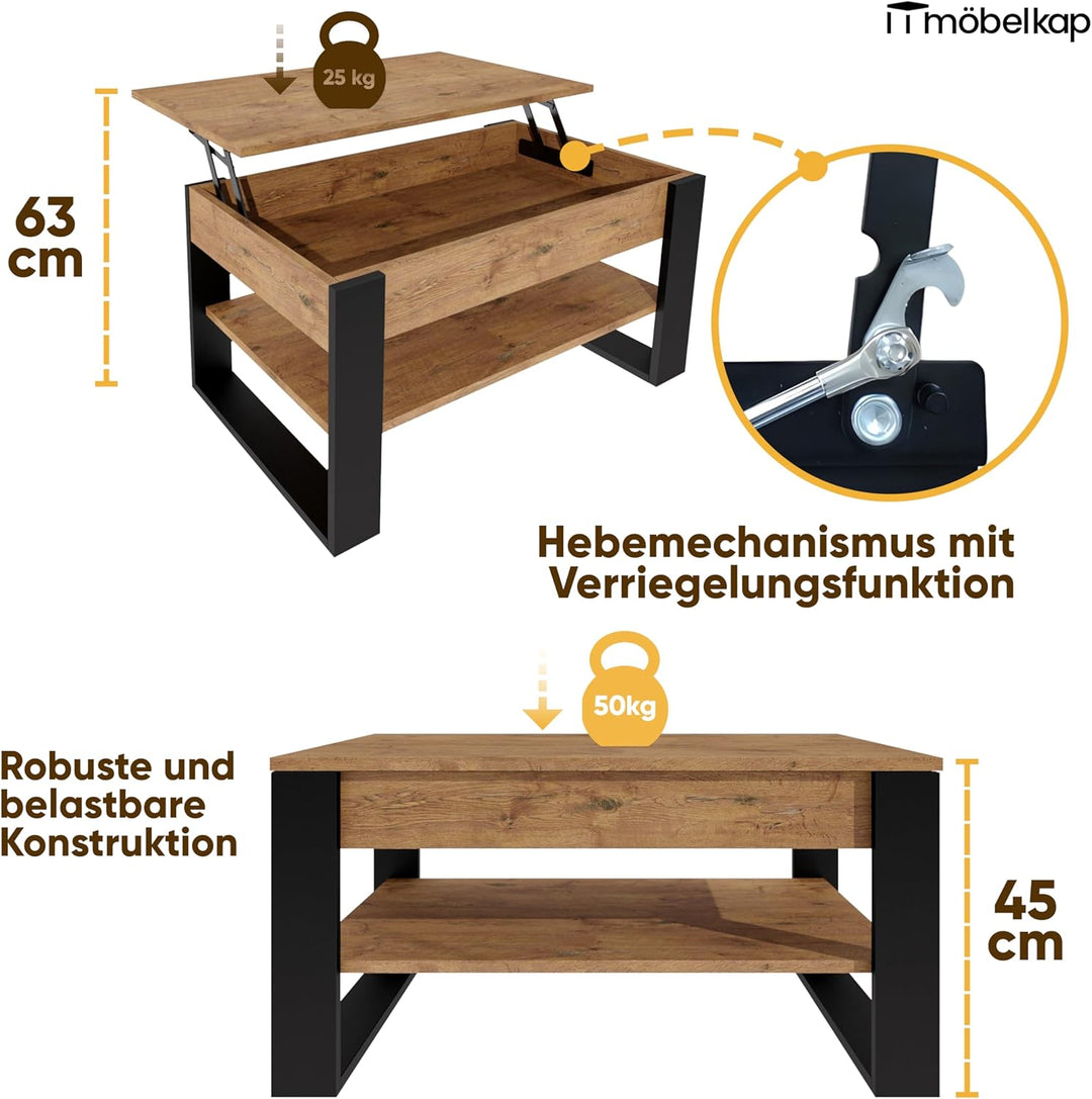 Couchtisch mit anhebbarer Platte | Höhenverstellbarer Wohnzimmertisch mit Stauraum | Sofatisch Eiche