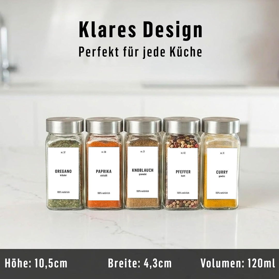 Deco haus® Gewürzgläser eckig mit Schraubkappe 36er Set [+Etiketten & Streueinsatz] - Gewürzdosen Se