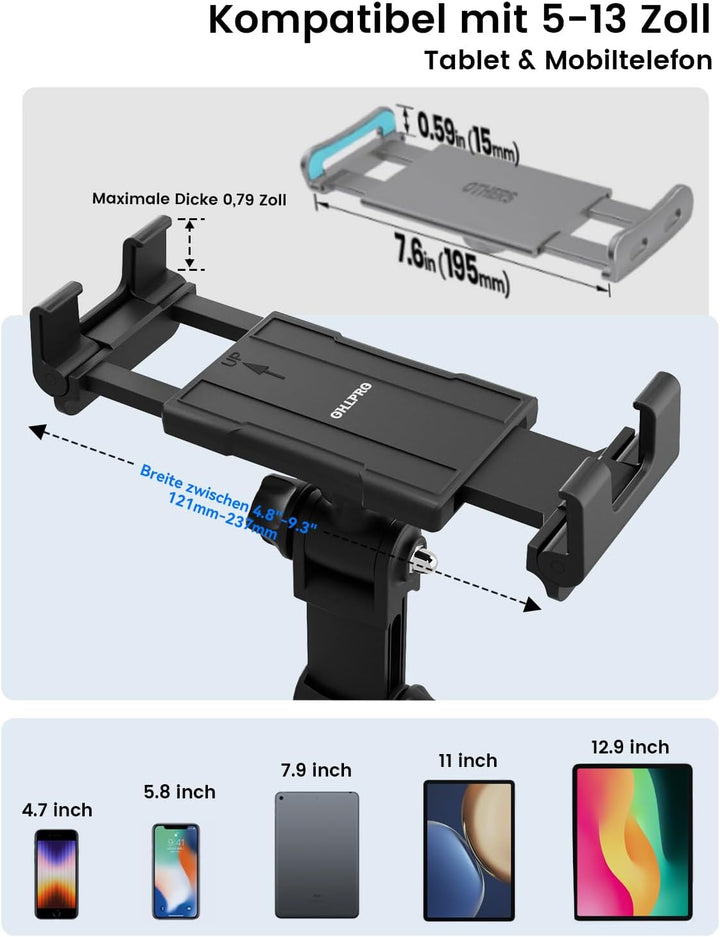 OHLPRO Tablet Halterung Auto,360° Drehung Tablethalterungen 18cm Ausziehbare Arm+ Waschbar Saugnapf,