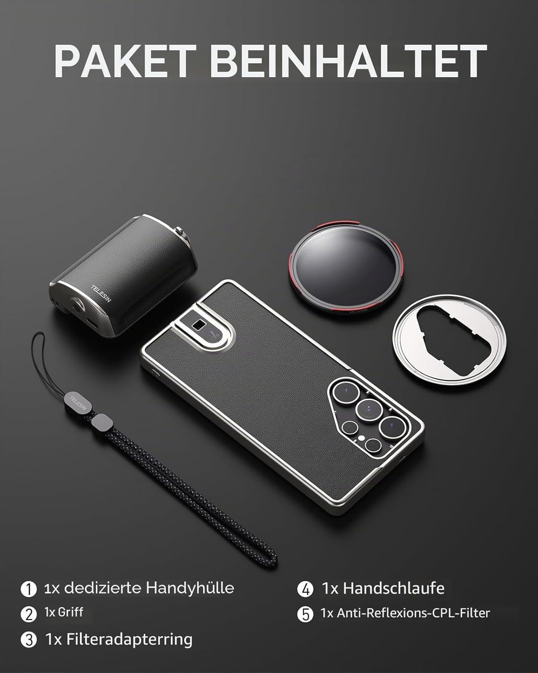 TELESIN Fun Shot Mastergrip Smartphone Kameragriff Fotografie Set (Griff + Smartphone Hülle + 67mm C