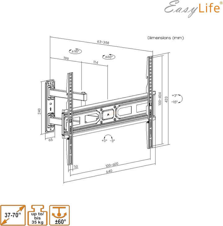 EasyLife FlexMount E70 Single TV-Wandhalterung für 37–70" Fernseher bis 35 kg – Einarm-Design, VESA