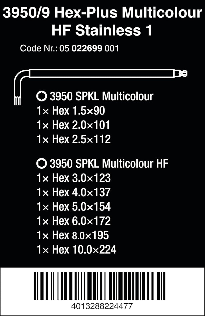 Wera - 05022699001 - Winkelschlüssel Satz, 3950/9 Hex-Plus Multicolour HF Stainless 1, metrisch, Ede