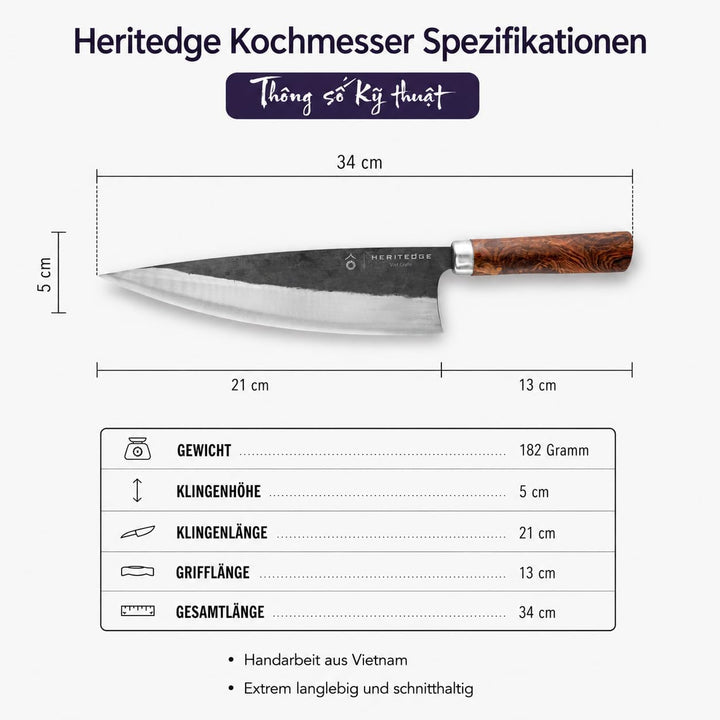 HERITEDGE Long Classic | Profi Chefmesser 20,8cm | Carbonstahl 60-61 HRC | Handgeschmiedet Vietnam |