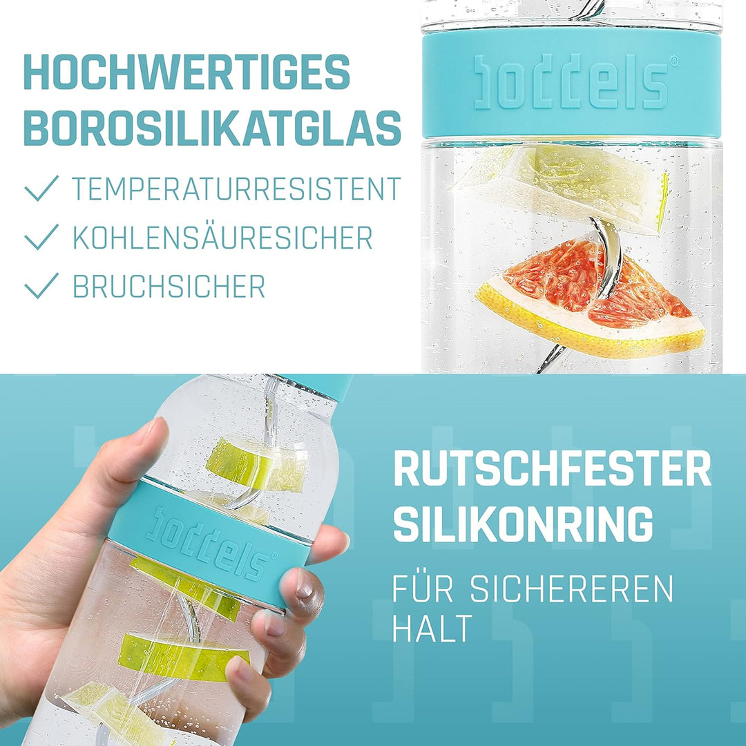 boddels Glaskaraffe mit Deckel und Sieb 1.100ml, Rutschfester Griff, Glaskaraffe mit Fruchteinsatz,