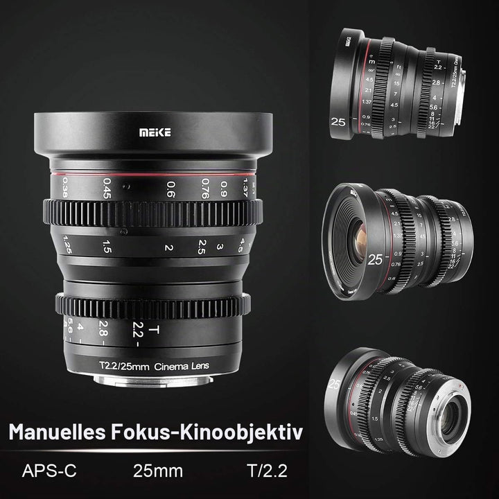 MEKE 25mm T2.2 grosse Blende, manueller Fokus, geringer Verzerrung, 4K Mini-Cine-Objektiv für Micro