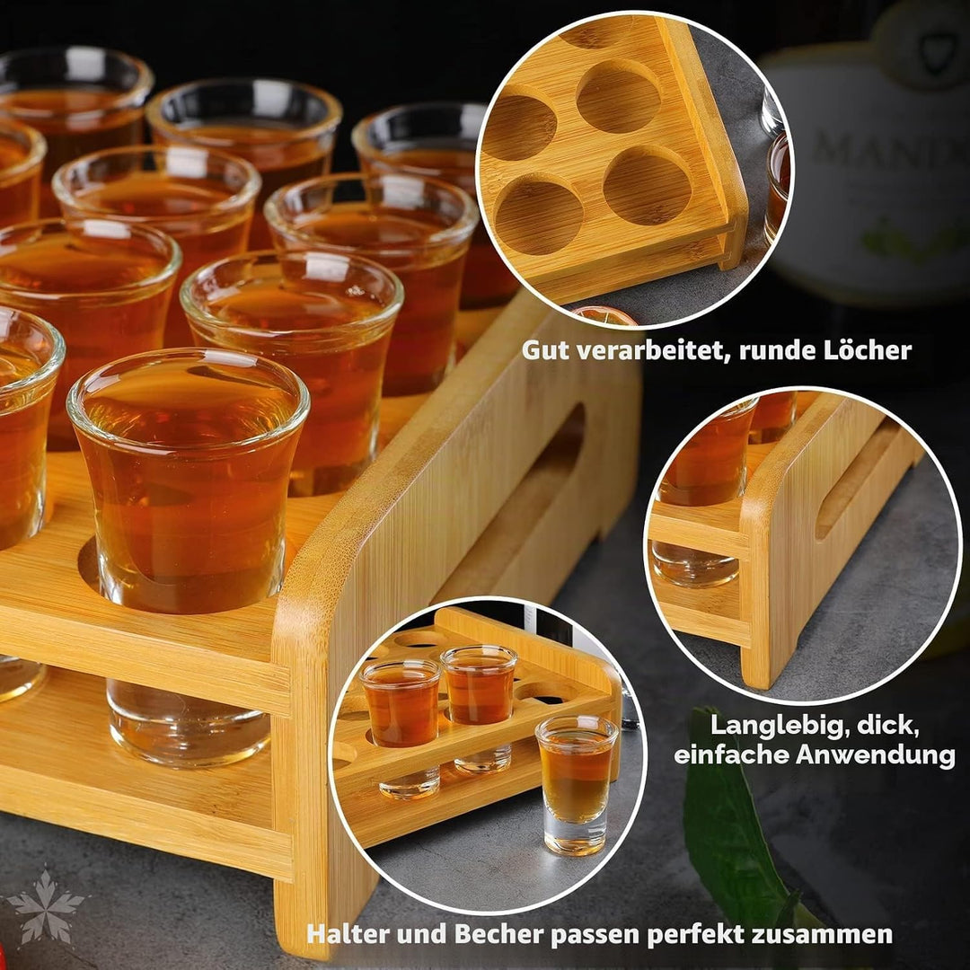 Schnapsglas-Set, 24 Stück, 30 ml, Schnapsglas-Halter, dicker Boden, klares Glas für Party, Club, Bar