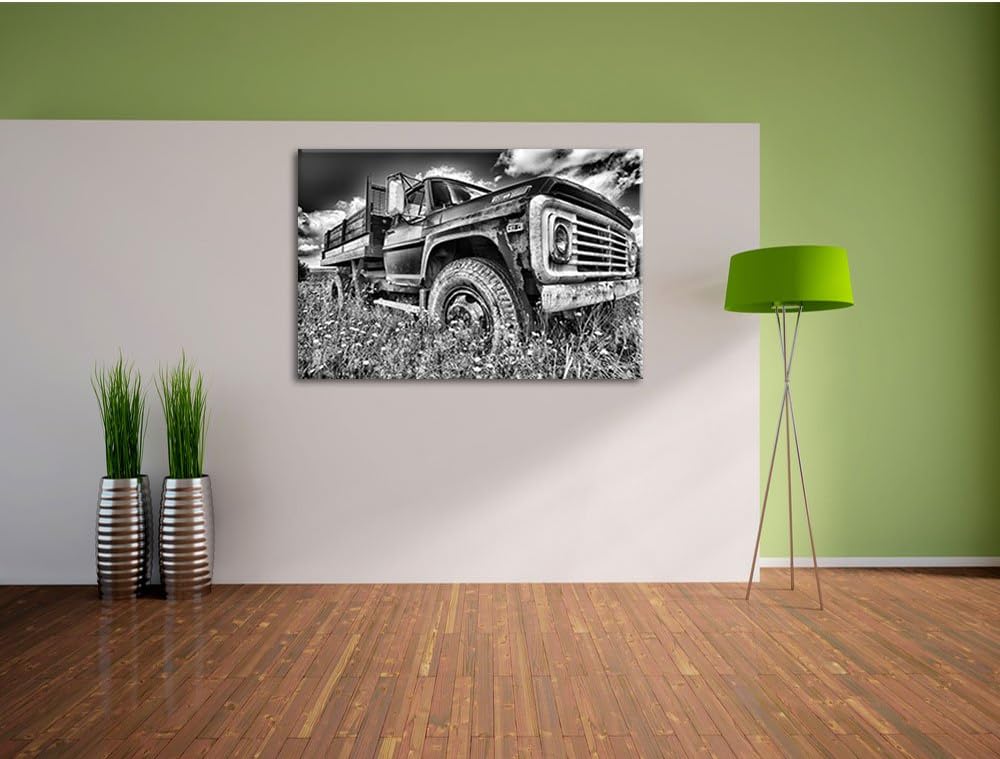 Pixxprint USA Truck auf Blumenwiese 100x70cm Leinwandbild Wandbild Kunstdruck