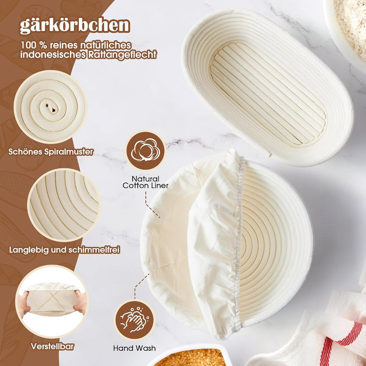 VIcus Sauerteig Starter Set, Gärkörbchen Rund & Oval, Brotbackzubehör Für Sauerteigbrot, Komplettes