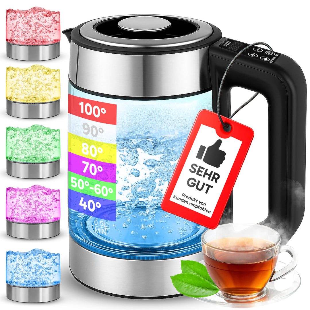 Retoo Elektrischer Glas Wasserkocher 1,7L, 2200W Schnellkochfunktion, Temperaturwahl 40–100°C, LED-B