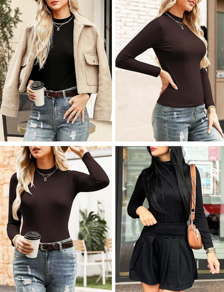 Damen 2 Pack Langarmshirt Set Stehkragen Rollkragenshirt Baumwolle Elegant Basic Oberteile Langarm U