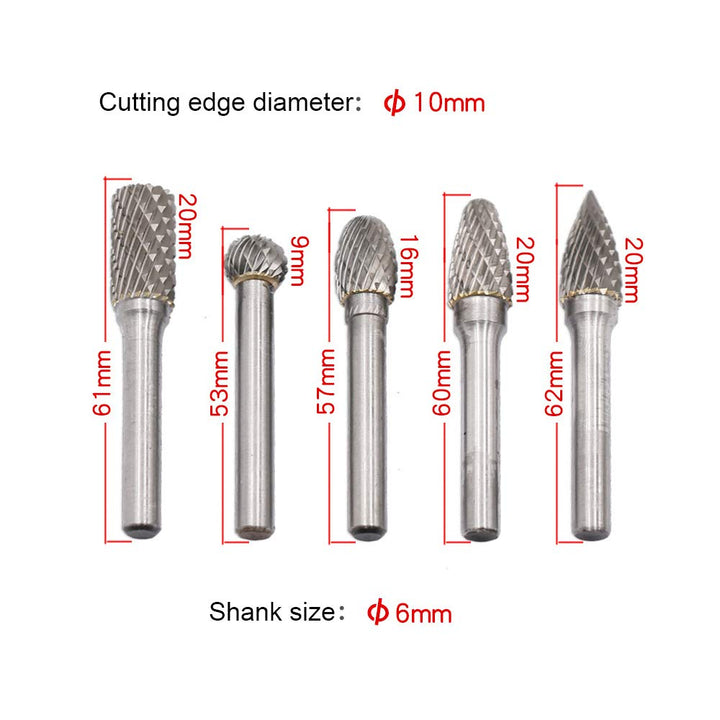 DingGreat 5 Teilig Raspel Set Hartmetall Frässtift Rotary Burr, 6 mm Schaft 10mm Kopfdurchmesser Boh