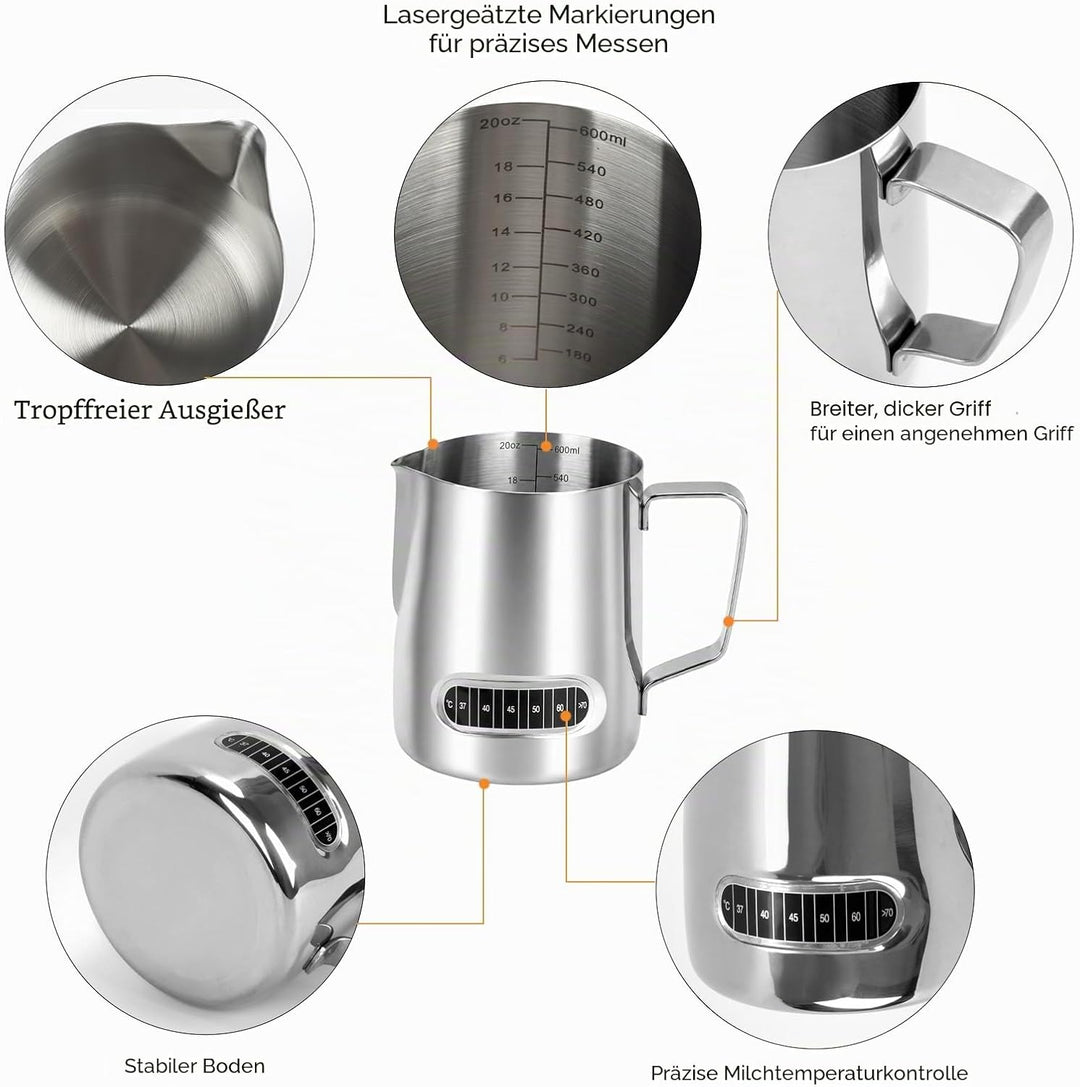 2 Stück Milchschäumer Kännchen 600 ml, Edelstahl Milchschaumkännchen Barista-Werkzeuge mit Temperatu